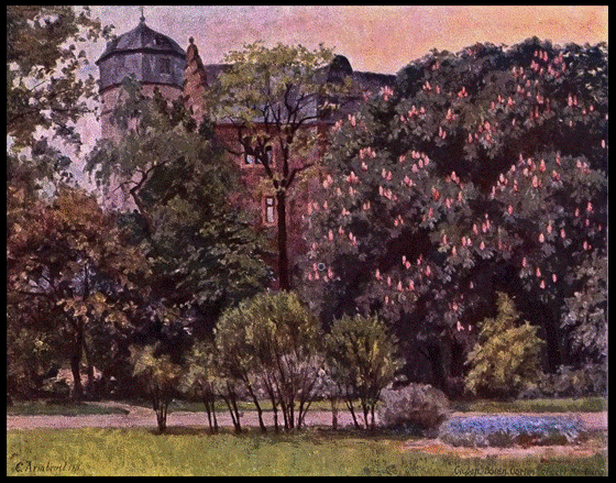 Carl Armbrust - Botanischer Garten mit Altem Schloss vor dem 1.WK- Starke Tiefe, Spritzlichter-560
